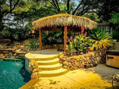 Thatched palapa above a rock-edged pool with tropical plants