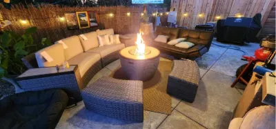 Sectional seating around a fire pit on a patio